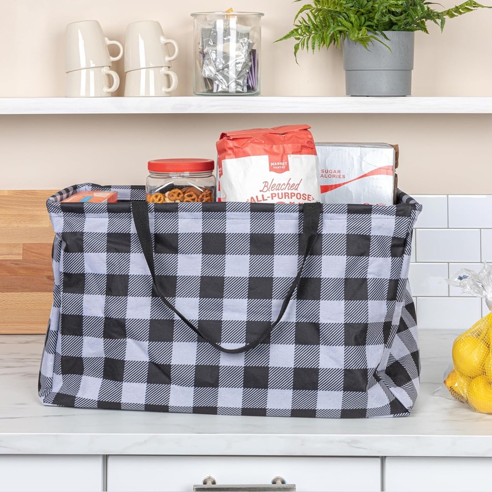 Household Essentials Utility Tote Bag Large Black White Checkered Plaid NWT